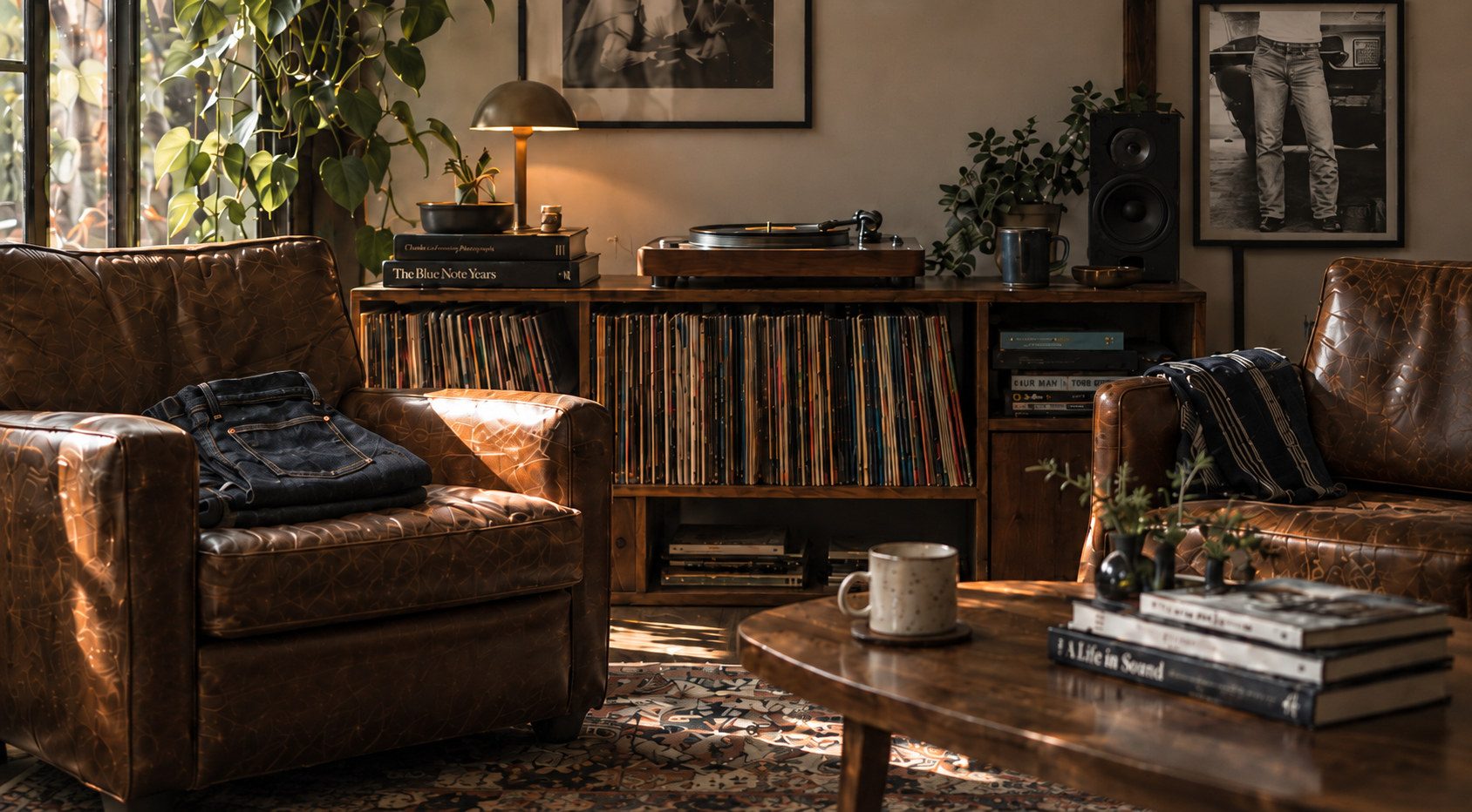 A quiet listening room with vinyl records and a turntable