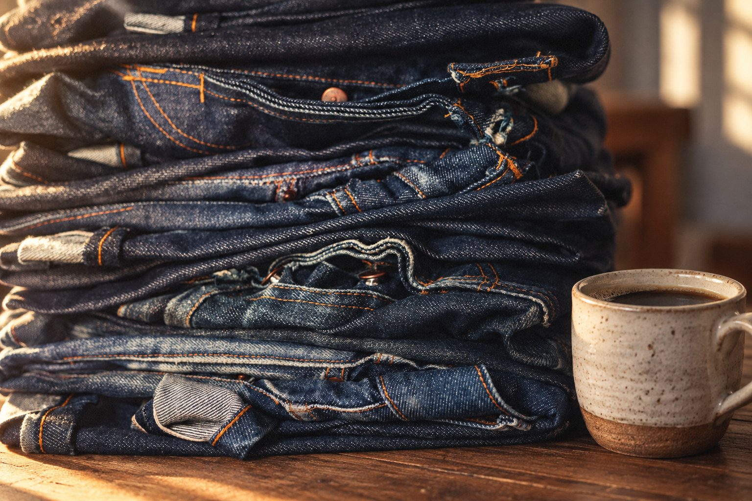 Folded indigo selvedge denim and a ceramic coffee cup in sunrise light